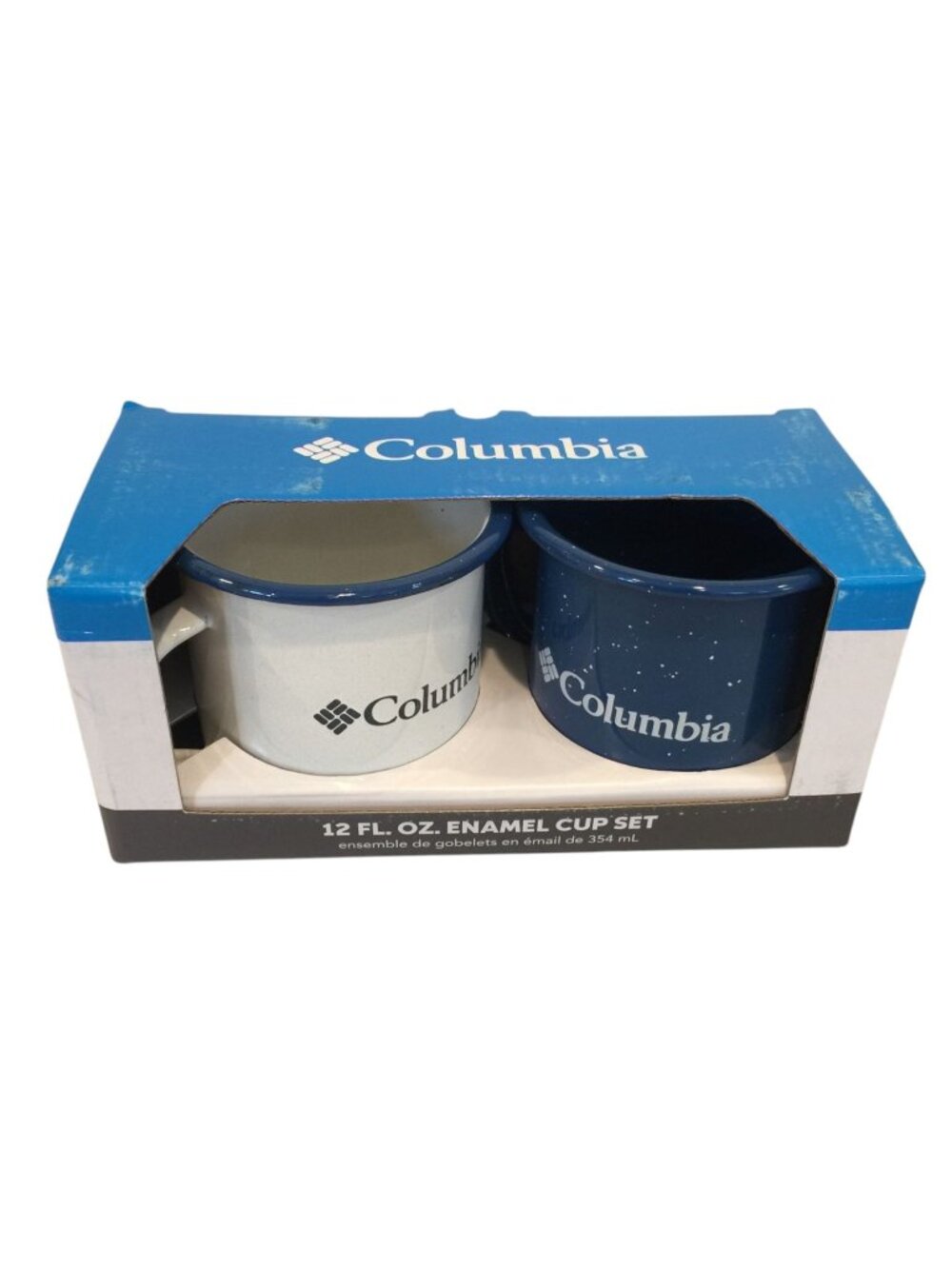 Columbia Enamel Cup Set 12 oz White Blue Speckled Set of 2